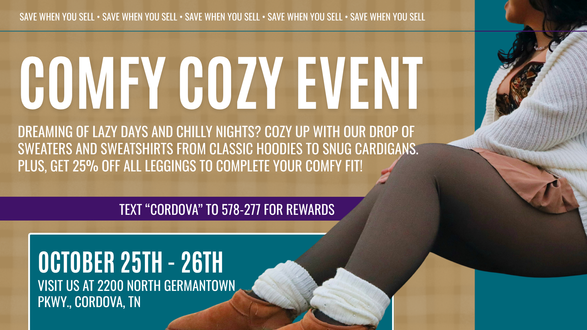 Shop at Plato’s Closet Cordova Comfy Cozy Event, Oct 25–26, featuring sweaters, hoodies, cardigans, and 25% off leggings for a stylish fall look.